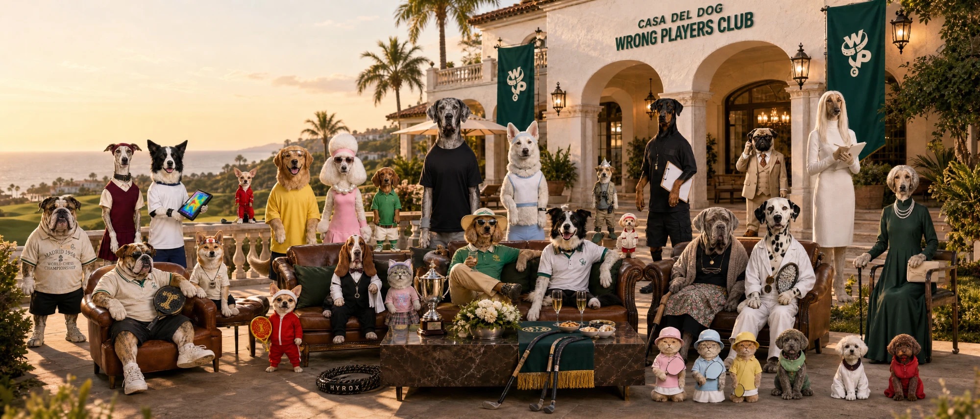 The members of Wrong Players Club gathered on the terrace of Casa del Dog at sunset