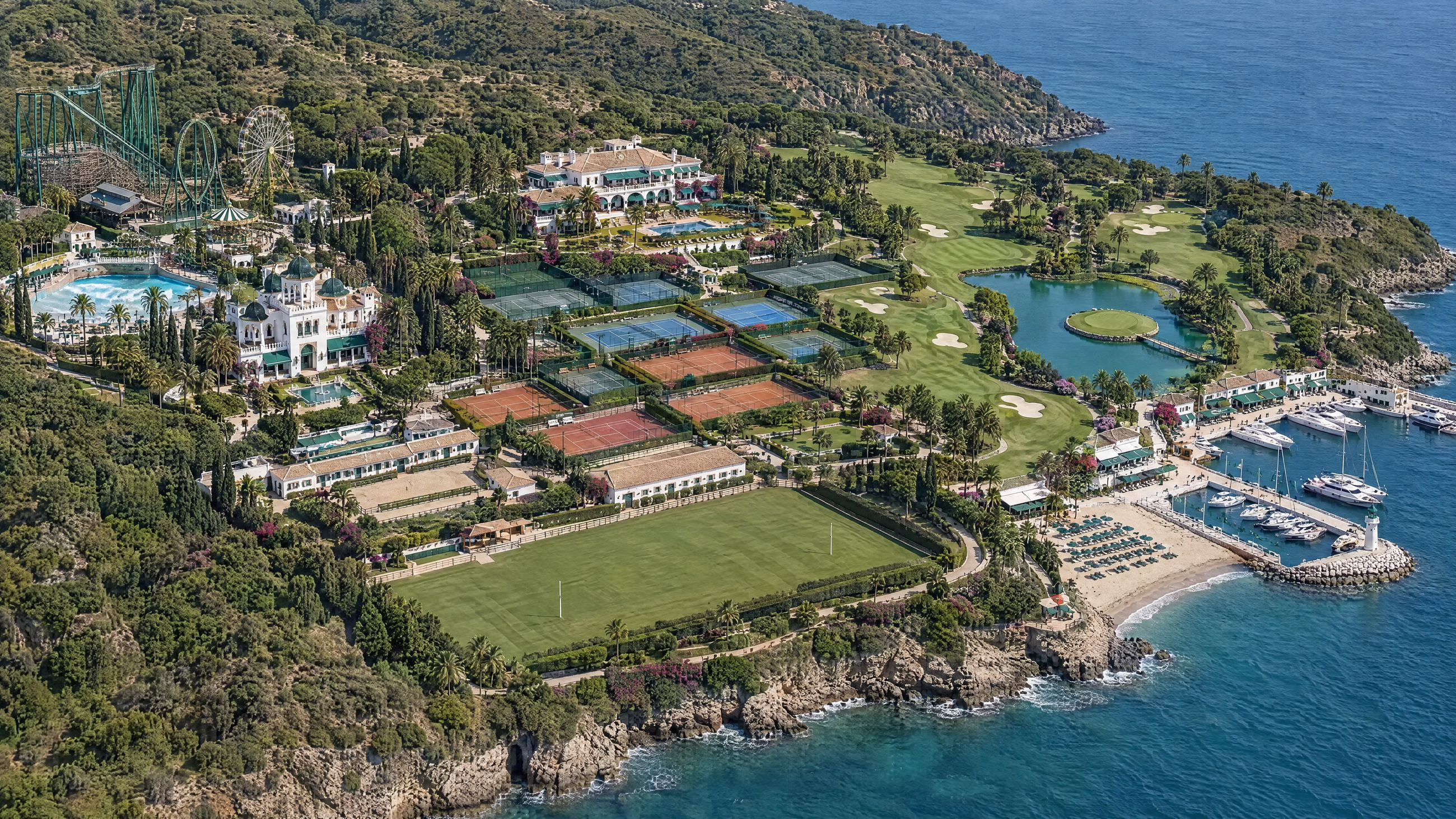 Aerial map of Casa del Dog: theme park, clubhouse, courts, golf, polo field and marina